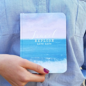 A6 hand made notebook travel journal, featuring my sea & waves design, personalise your own text image 1