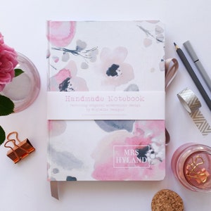 Personalised A6/A5 (med/large) handmade notebook / journal, featuring my watercolour 'Pretty in blush' design - blush pink, greys - any text