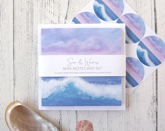 Hand made mini notecard set, featuring my 'Sea and Waves' seascape - 6x mini notecards, envelopes and stickers