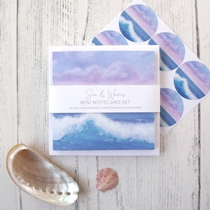 Conjunto de mini cartões feitos à mão, apresentando minha paisagem marinha 'Mar e Ondas' - 6x mini cartões, envelopes e adesivos
