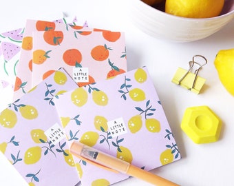 Hand made, personalised mini notecard set, fruit designs - 6x mini notecards, envelopes and stickers - lemons clementines watermelon