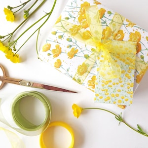 Gift wrap/tag set, featuring my watercolour 'Buttercup' design with ribbon, tissue paper & stickers image 1