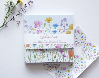 Hand made mini notecard set, featuring my 'Summer Meadow' floral watercolour design - 6x mini notecards, envelopes and stickers