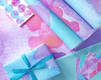 Gift wrap & gift tag sets, featuring my watercolour design 'Fluidity' - complete with ribbon, tissue paper and stickers