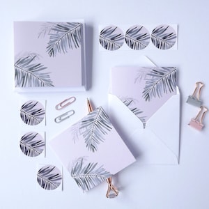 Conjunto de mini cartões feitos à mão, com meu design em aquarela cinza e blush 'Palm' - 6 mini cartões, envelopes e adesivos