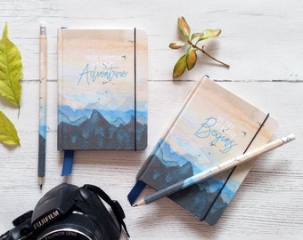 Handmade small notebook / HB pencil sets, in my watercolour 'Adventurer' design, lined pages - personalised wording - name, text or quote