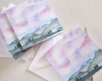 Hand made mini notecard set, featuring my soft landscape watercolour design 'Morning Mist' - 6x mini notecards and white envelopes