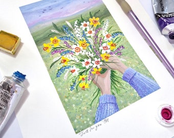 Original painting, 'Just for you'. Unframed /framed options. 4 x 6" hand painted floral Spring landscape using watercolour and gouache.