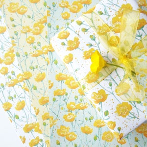 Gift wrap/tag set, featuring my watercolour 'Buttercup' design with ribbon, tissue paper & stickers image 2