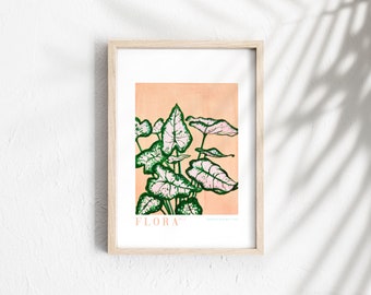 A4, A3 poster art print - Unframed - in my 'Flora no.3' design, plant leaves on a peach, apricot background