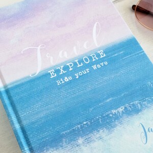 A6 hand made notebook travel journal, featuring my sea & waves design, personalise your own text image 5