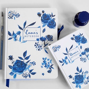 A5 hand made personalised notebook / journal, in my 'Indigo' floral watercolour design, personalised with any text, name or initials image 3