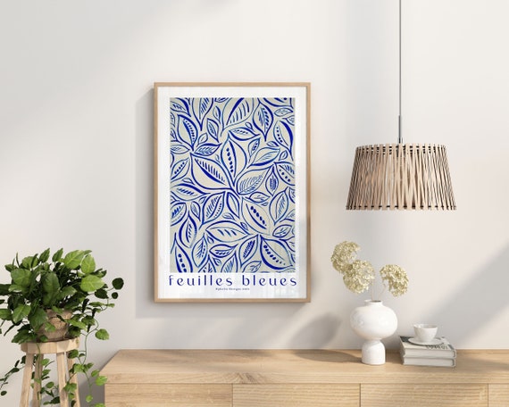 A4, A3, A2 poster art print - Unframed - in my abstract leaf blue / natural paint brushstrokes design 'Feuilles Bleues'