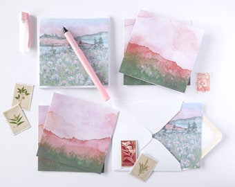 Hand made mini notecard set, featuring three of my loose watercolour landscapes - 6x mini notecards and white envelopes