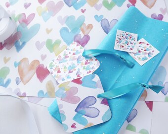 Hand made Gift wrap/tag set, featuring my watercolour 'Bright hearts' design - complete with ribbon, tissue paper and stickers