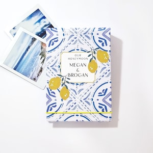 Hand-made personalised photo albums, flip books, featuring my &#39;Mediterranean&#39; design - Any text Italian tiles & lemons, instax mini, square