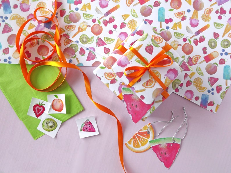 featuring my watercolour design /'Tutti Frutti/' Gift wrap /& gift tag sets complete with ribbon stickers and tissue paper
