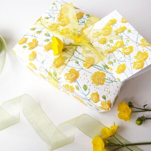 Gift wrap/tag set, featuring my watercolour 'Buttercup' design with ribbon, tissue paper & stickers image 6