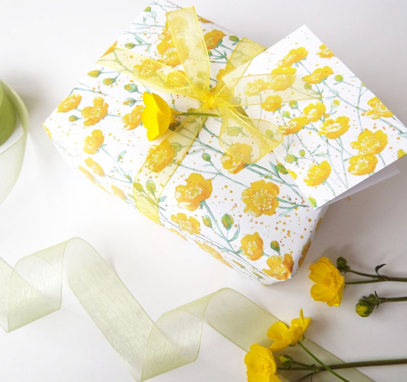 Gift wrap/tag set, featuring my watercolour 'Buttercup' design with ribbon, tissue paper & stickers image 6