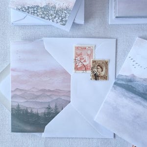 Handgemaakte set mini-A7-kaarten, met mijn aquarel Tonale landschapsstudies ': 6 mini-A7-kaarten en witte C7-enveloppen