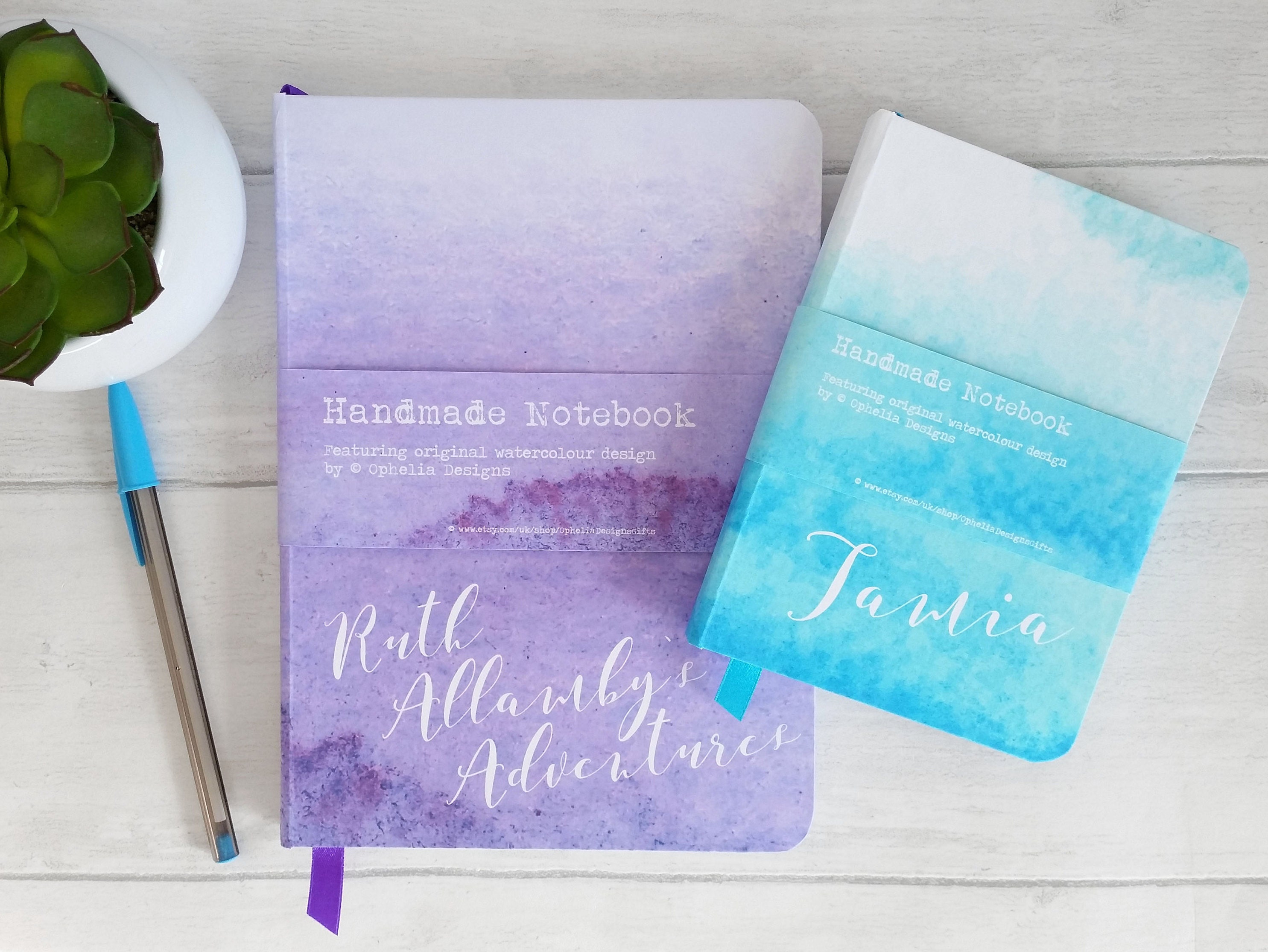 A5 hand-made personalised notebook / journal, in my watercolour wash designs, 11 shades, personalised with any text, name or initials