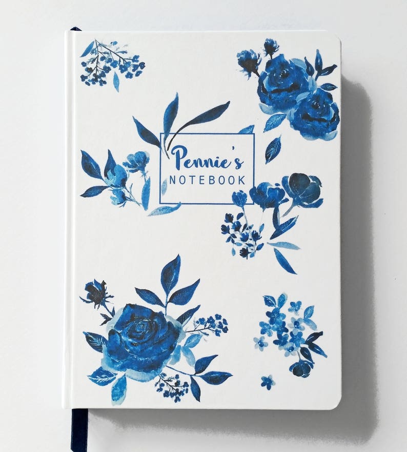 A5 hand made personalised notebook / journal, in my 'Indigo' floral watercolour design, personalised with any text, name or initials image 7