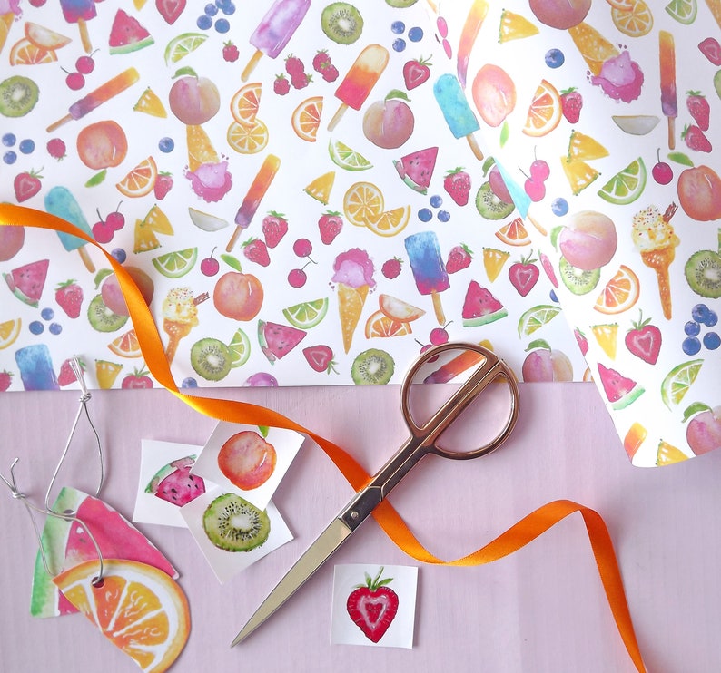 featuring my watercolour design /'Tutti Frutti/' Gift wrap /& gift tag sets complete with ribbon stickers and tissue paper