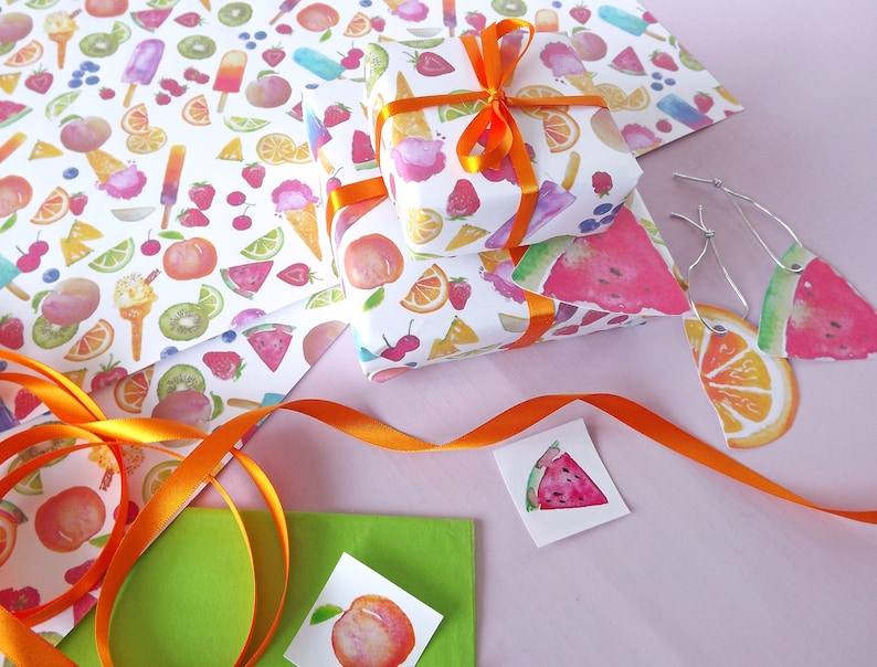 featuring my watercolour design /'Tutti Frutti/' Gift wrap /& gift tag sets complete with ribbon stickers and tissue paper