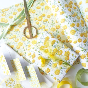 Gift wrap/tag set, featuring my watercolour 'Buttercup' design with ribbon, tissue paper & stickers image 3