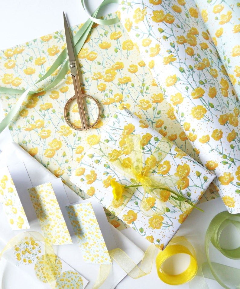 Gift wrap/tag set, featuring my watercolour 'Buttercup' design with ribbon, tissue paper & stickers image 3