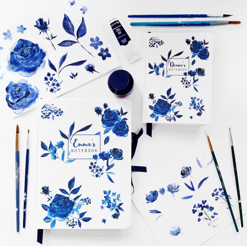 A5 hand made personalised notebook / journal, in my 'Indigo' floral watercolour design, personalised with any text, name or initials image 9