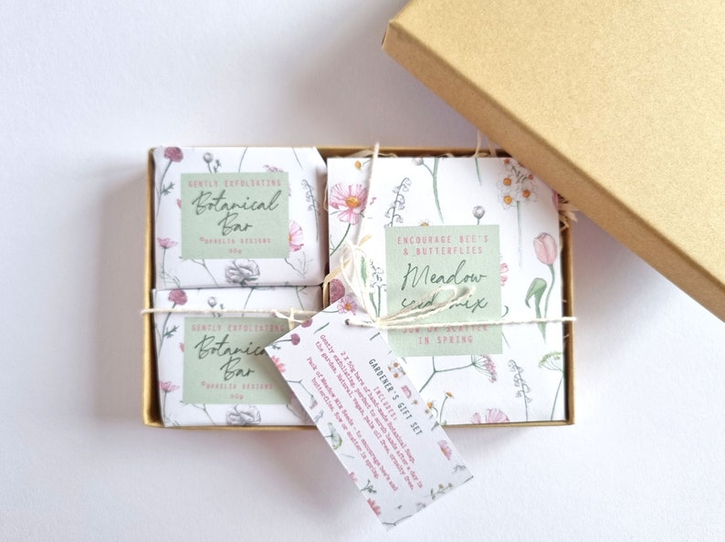 Gardener's Boxed Gift Set 2 x Botanical Hand Made Soap Bars 50g Meadow Seed Mix Luxury, natural, vegan, cruelty free, palm oil free image 6