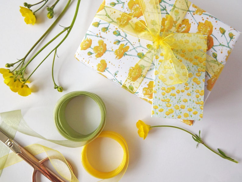 Gift wrap/tag set, featuring my watercolour 'Buttercup' design with ribbon, tissue paper & stickers image 9