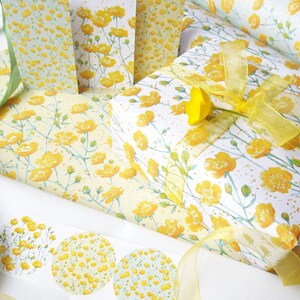 Gift wrap/tag set, featuring my watercolour 'Buttercup' design with ribbon, tissue paper & stickers image 4