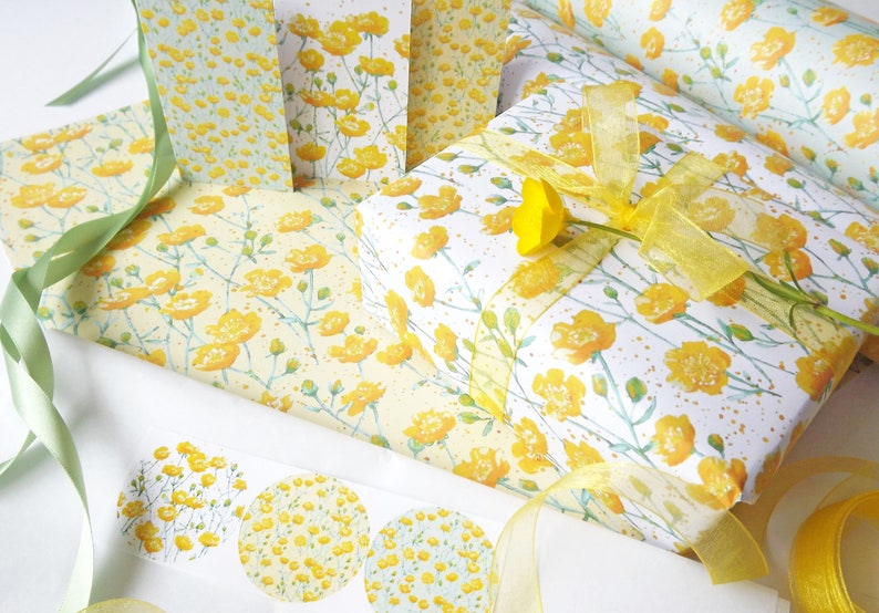 Gift wrap/tag set, featuring my watercolour 'Buttercup' design with ribbon, tissue paper & stickers image 4