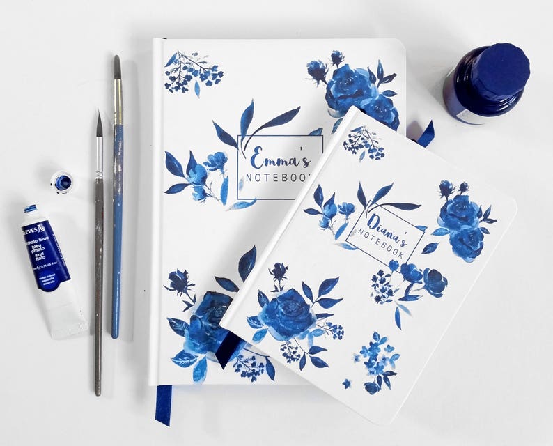 A5 hand made personalised notebook / journal, in my 'Indigo' floral watercolour design, personalised with any text, name or initials image 1