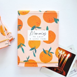 Hand-made personalised photo albums, flip books, featuring my &#39;Clementine&#39; design - Any text - oranges, instax mini, square