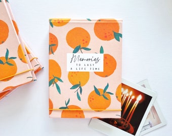 Handmade personalised photo albums, flip books, featuring my 'Clementine' design - Any text - oranges, instax mini, square