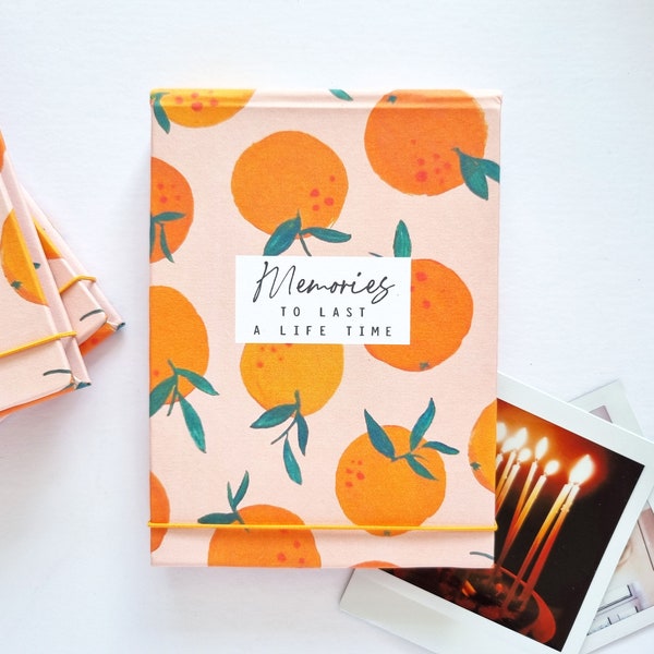 Handmade personalised photo albums, flip books, featuring my 'Clementine' design - Any text - oranges, instax mini, square