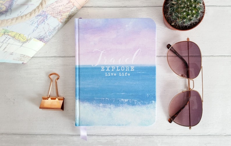 A6 hand made notebook travel journal, featuring my sea & waves design, personalise your own text image 2