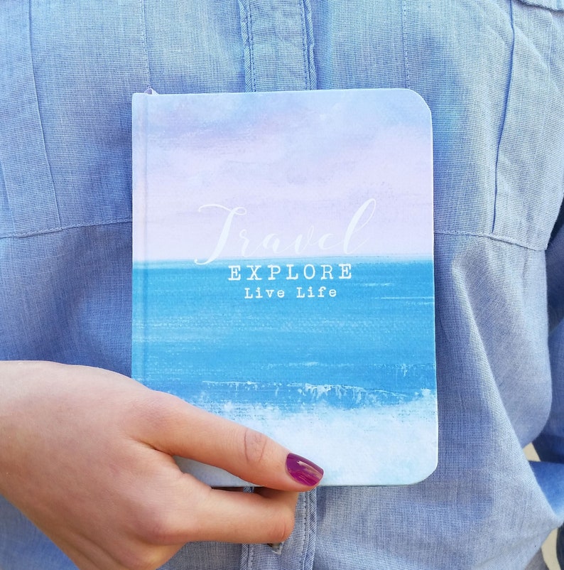 A6 hand made notebook travel journal, featuring my sea & waves design, personalise your own text image 1