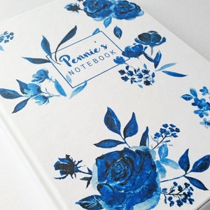 A5 hand made personalised notebook / journal, in my 'Indigo' floral watercolour design, personalised with any text, name or initials image 6