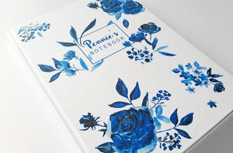 A5 hand made personalised notebook / journal, in my 'Indigo' floral watercolour design, personalised with any text, name or initials image 6