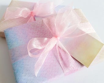 Gift wrap & gift tag sets, featuring my original watercolour shade 'Pastel haze'  - complete with ribbon, stickers and tissue paper