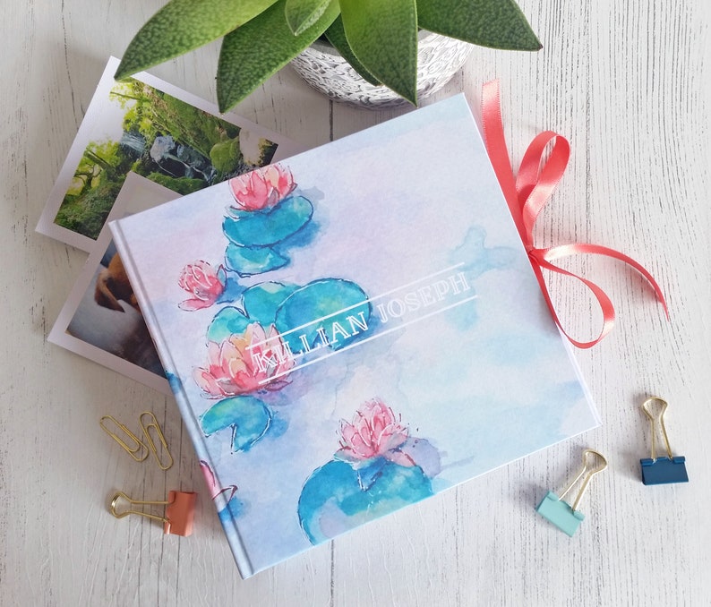 Handmade photo album / travel journal, featuring my original watercolour design 'Magical Waters'. Personalised wording of your choice image 4