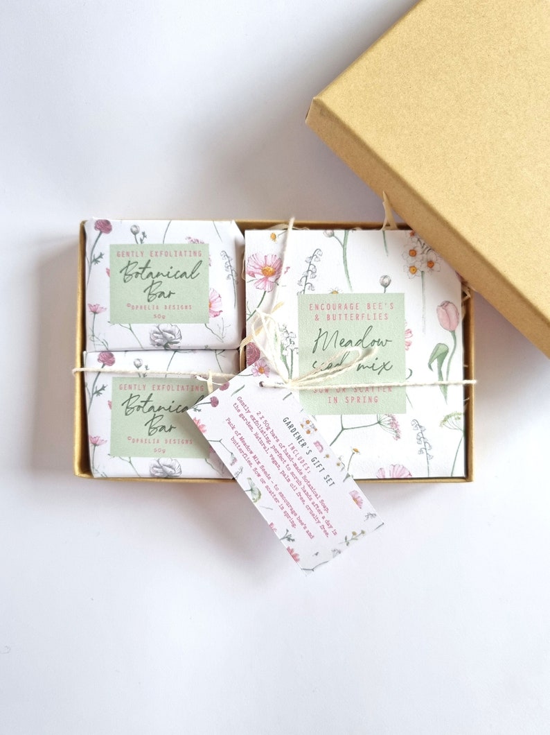 Gardener's Boxed Gift Set 2 x Botanical Hand Made Soap Bars 50g Meadow Seed Mix Luxury, natural, vegan, cruelty free, palm oil free image 1