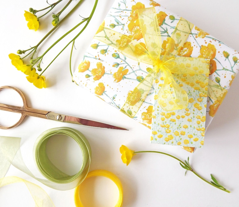 Gift wrap/tag set, featuring my watercolour 'Buttercup' design with ribbon, tissue paper & stickers image 1