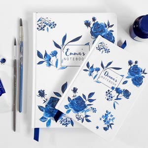 A6 hand made personalised notebook / journal, in my 'Indigo' floral watercolour design, personalised with any text, name or initials - lined