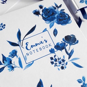 A5 hand made personalised notebook / journal, in my 'Indigo' floral watercolour design, personalised with any text, name or initials image 4