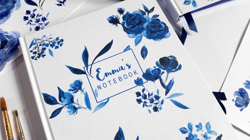A5 hand made personalised notebook / journal, in my 'Indigo' floral watercolour design, personalised with any text, name or initials image 4